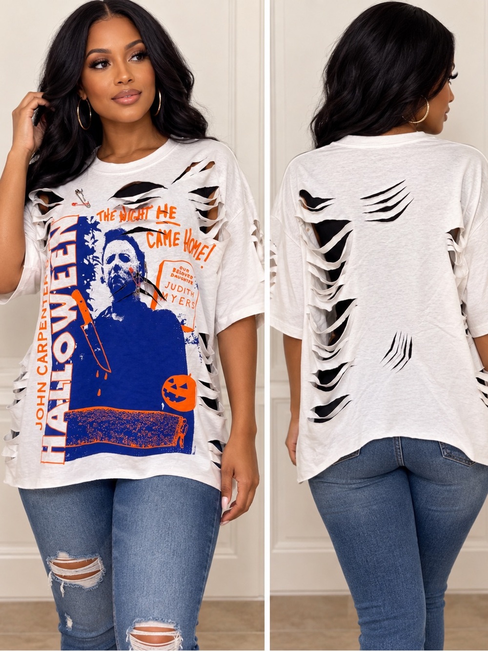 Upcycled cut up Halloween Graphic Distressed Tee size L/XL